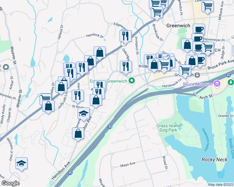 map of restaurants, bars, coffee shops, grocery stores, and more near 54a Spring Street in Greenwich