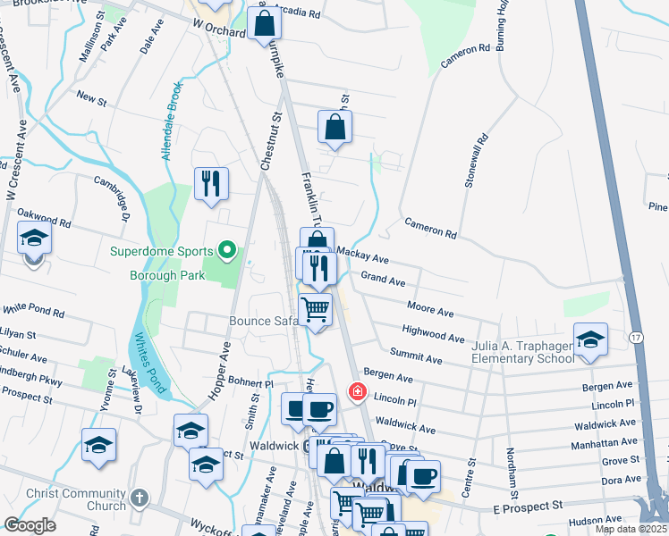 map of restaurants, bars, coffee shops, grocery stores, and more near 157 Franklin Turnpike in Waldwick