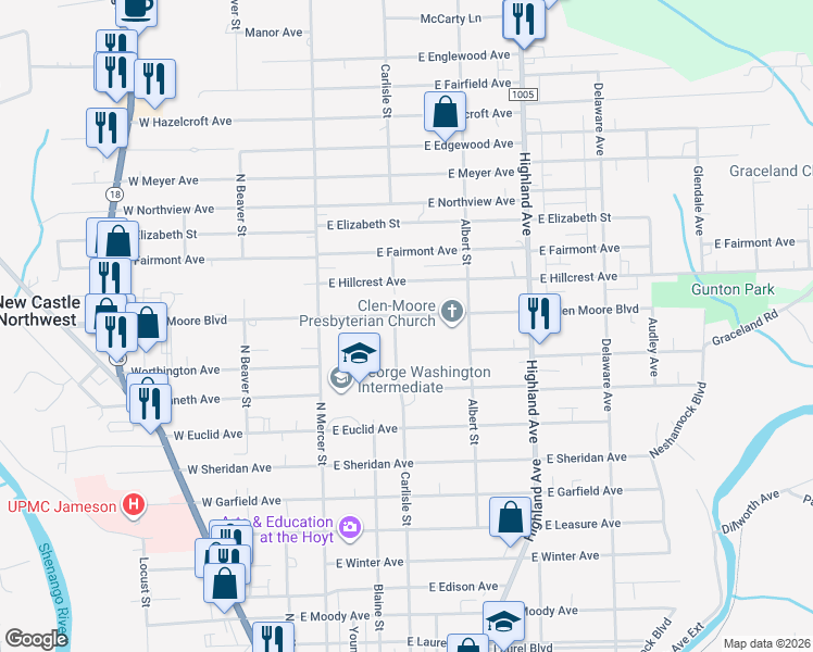map of restaurants, bars, coffee shops, grocery stores, and more near 1706 Carlisle Street in New Castle