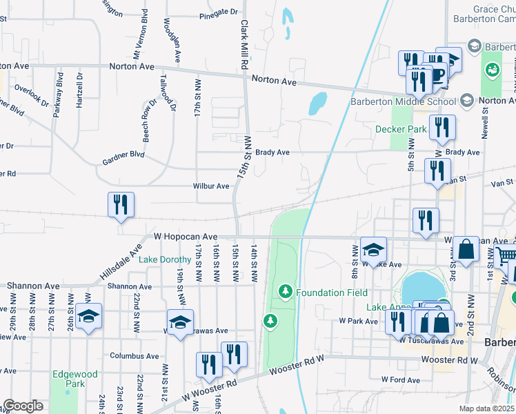 map of restaurants, bars, coffee shops, grocery stores, and more near 282 14th Street Northwest in Barberton