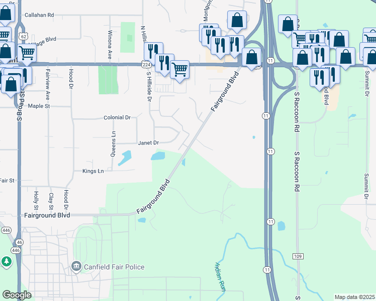 map of restaurants, bars, coffee shops, grocery stores, and more near 6859 County Road 273 in Canfield