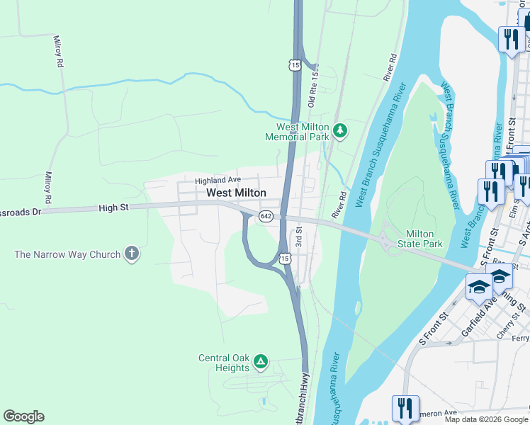 map of restaurants, bars, coffee shops, grocery stores, and more near 444 Broad Street in West Milton