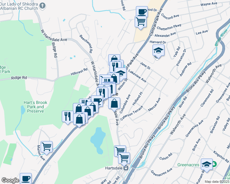 map of restaurants, bars, coffee shops, grocery stores, and more near 33 Wilson Street in Hartsdale