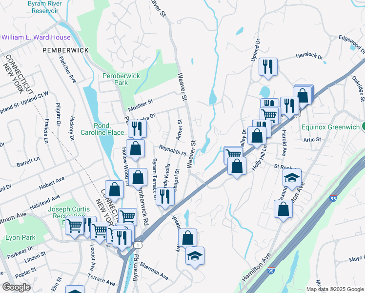 map of restaurants, bars, coffee shops, grocery stores, and more near 17 Reynolds Place in Greenwich