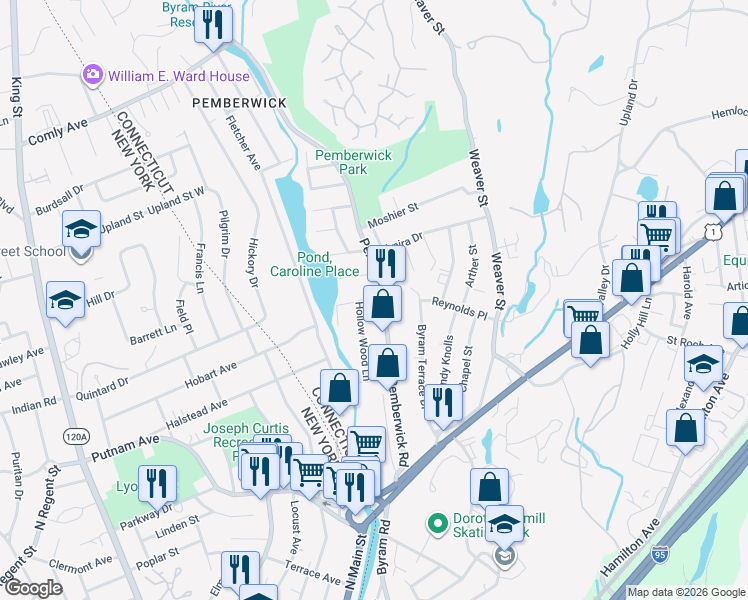 map of restaurants, bars, coffee shops, grocery stores, and more near 100 Hollow Wood Lane in Greenwich
