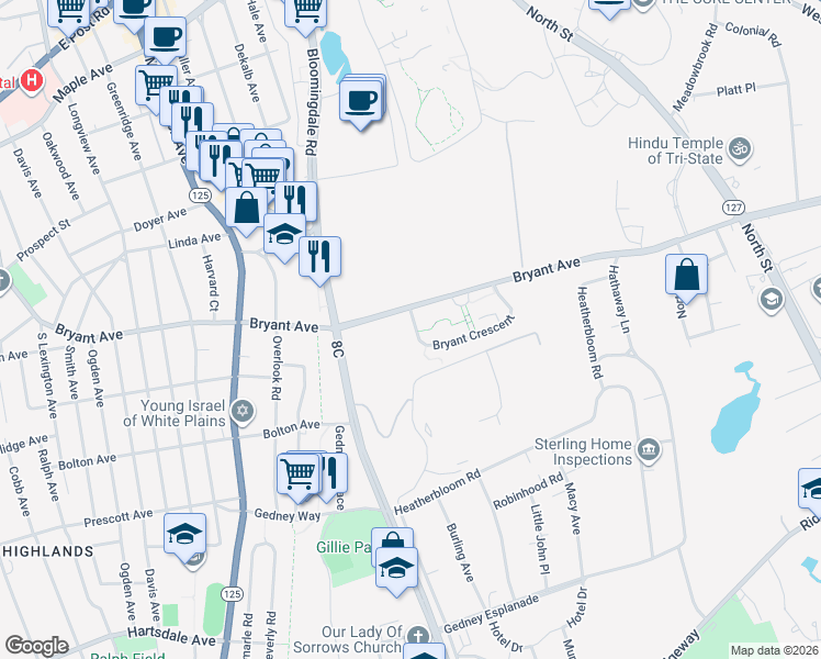 map of restaurants, bars, coffee shops, grocery stores, and more near 4 Bryant Crescent in White Plains