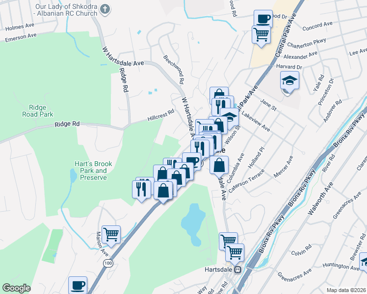 map of restaurants, bars, coffee shops, grocery stores, and more near 20 South Washington Avenue in Hartsdale