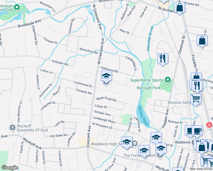 map of restaurants, bars, coffee shops, grocery stores, and more near 165 Crescent Avenue in Waldwick