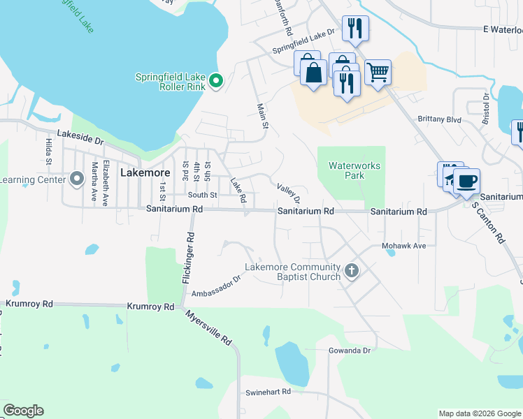 map of restaurants, bars, coffee shops, grocery stores, and more near 2645 Sanitarium Road in Akron