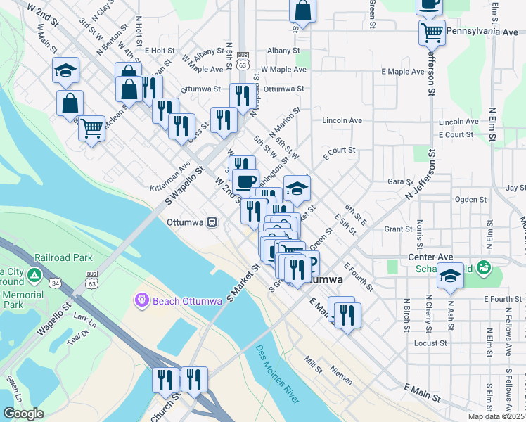 map of restaurants, bars, coffee shops, grocery stores, and more near 105 West 2nd Street in Ottumwa