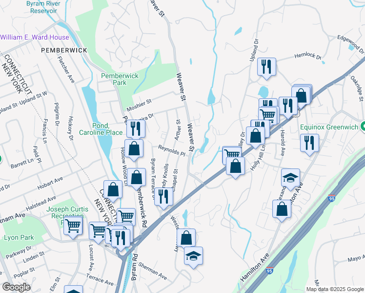 map of restaurants, bars, coffee shops, grocery stores, and more near 8 Ridge Place in Greenwich