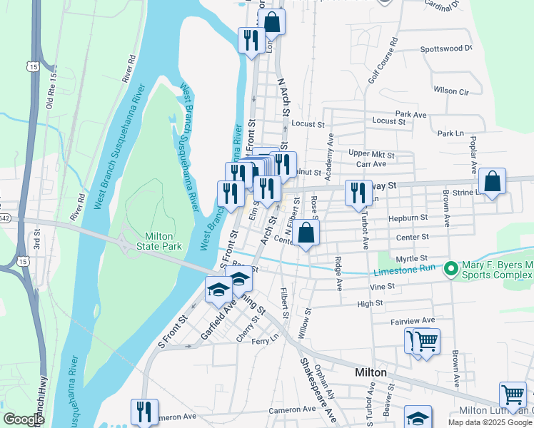 map of restaurants, bars, coffee shops, grocery stores, and more near Bound Avenue in Milton