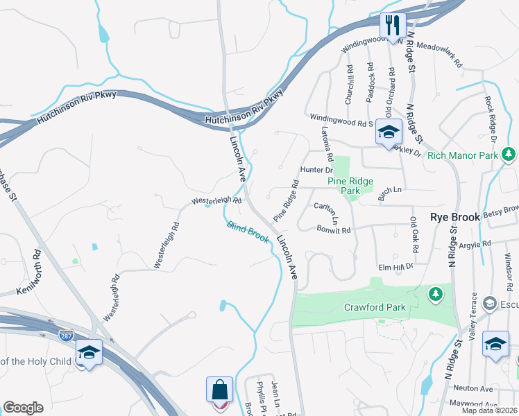 map of restaurants, bars, coffee shops, grocery stores, and more near 51 Lincoln Avenue in Rye Brook