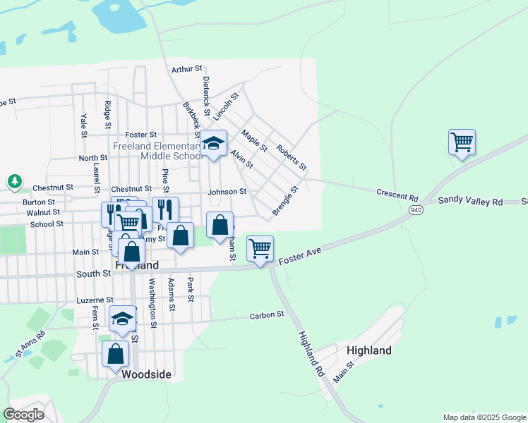 map of restaurants, bars, coffee shops, grocery stores, and more near 720 Ingham Street in Freeland