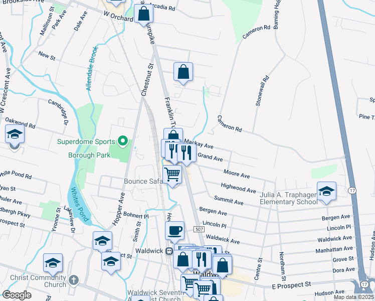 map of restaurants, bars, coffee shops, grocery stores, and more near 157 Franklin Turnpike in Waldwick