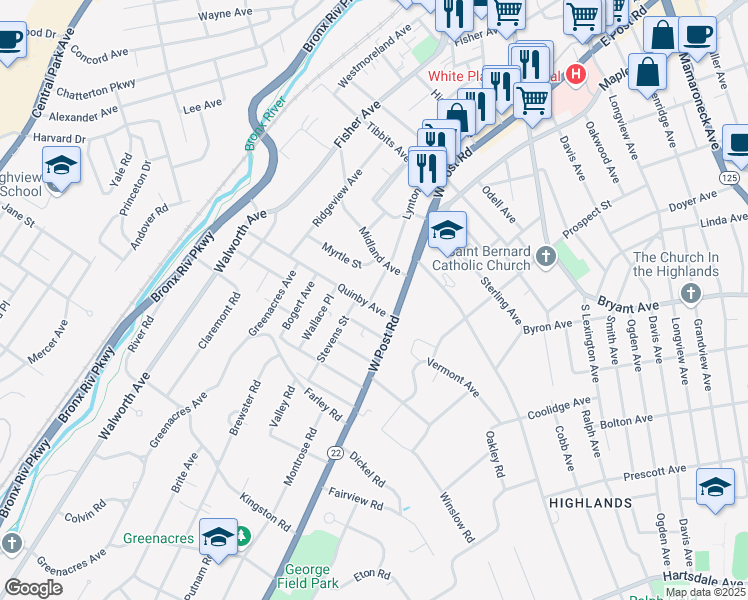 map of restaurants, bars, coffee shops, grocery stores, and more near 80 Lynton Place in White Plains