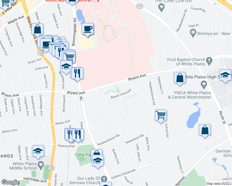 map of restaurants, bars, coffee shops, grocery stores, and more near 185 Bryant Avenue in White Plains