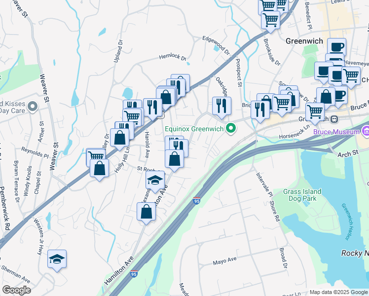 map of restaurants, bars, coffee shops, grocery stores, and more near 155 Hamilton Avenue in Greenwich