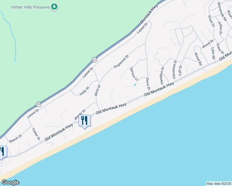 map of restaurants, bars, coffee shops, grocery stores, and more near 12 Tara Road in Montauk