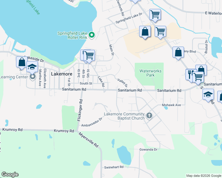 map of restaurants, bars, coffee shops, grocery stores, and more near 2645 Sanitarium Road in Akron