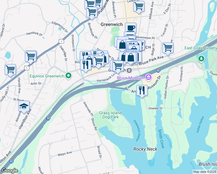 map of restaurants, bars, coffee shops, grocery stores, and more near Governor John Davis Lodge Turnpike in Greenwich