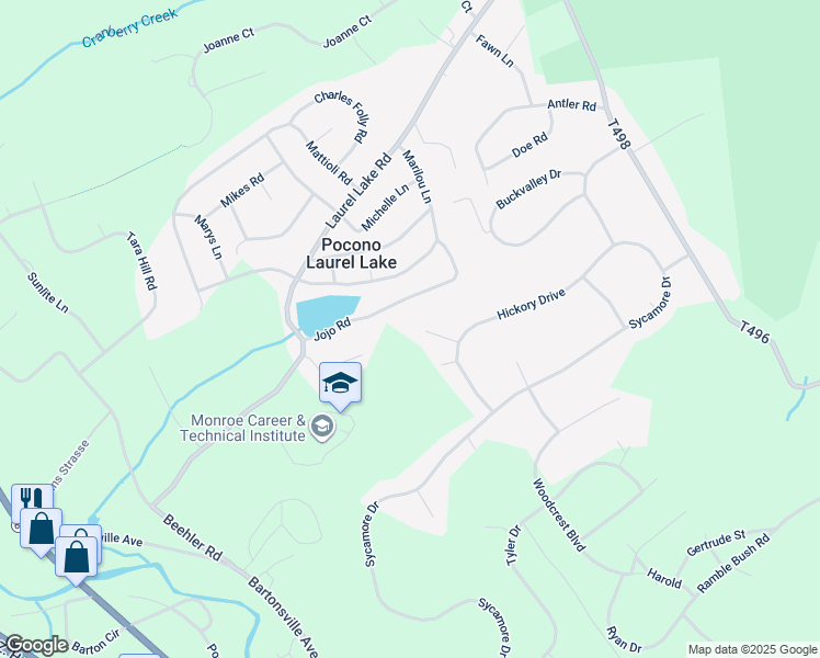 map of restaurants, bars, coffee shops, grocery stores, and more near 121 Heather Circle in East Stroudsburg