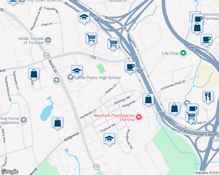 map of restaurants, bars, coffee shops, grocery stores, and more near 15 Baylor Circle in White Plains