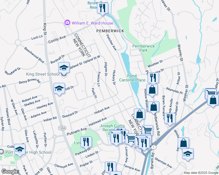 map of restaurants, bars, coffee shops, grocery stores, and more near 5 Hickory Drive in Greenwich