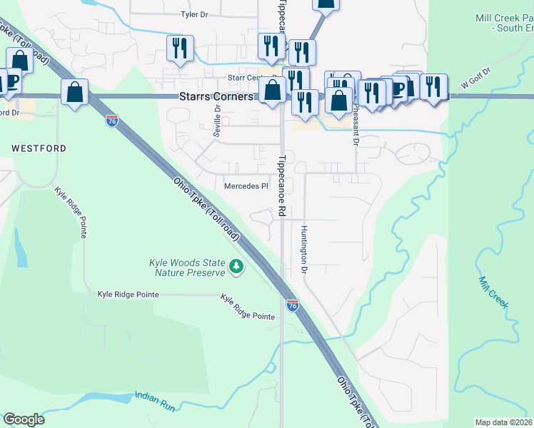 map of restaurants, bars, coffee shops, grocery stores, and more near 6848 Twin Oaks Court in Canfield