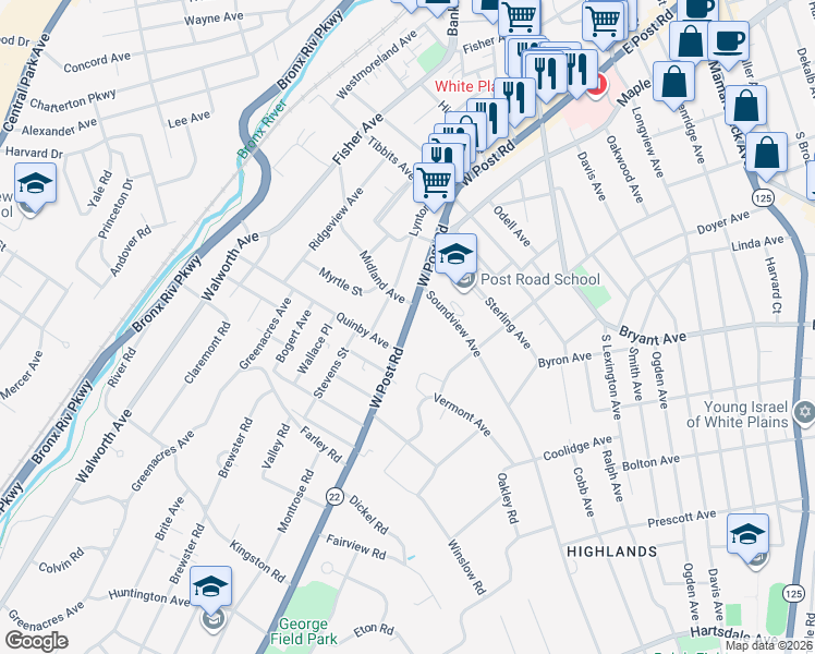map of restaurants, bars, coffee shops, grocery stores, and more near 14 Soundview Avenue in White Plains