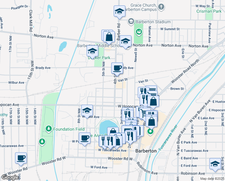 map of restaurants, bars, coffee shops, grocery stores, and more near 571 Holmes Avenue in Barberton