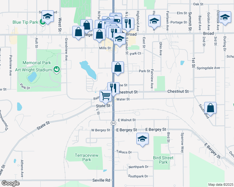 map of restaurants, bars, coffee shops, grocery stores, and more near 118 Water Street in Wadsworth