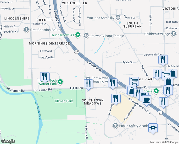 map of restaurants, bars, coffee shops, grocery stores, and more near 7219 South Hanna Street in Fort Wayne