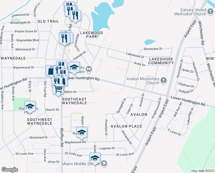 map of restaurants, bars, coffee shops, grocery stores, and more near 2005 Lower Huntington Road in Fort Wayne