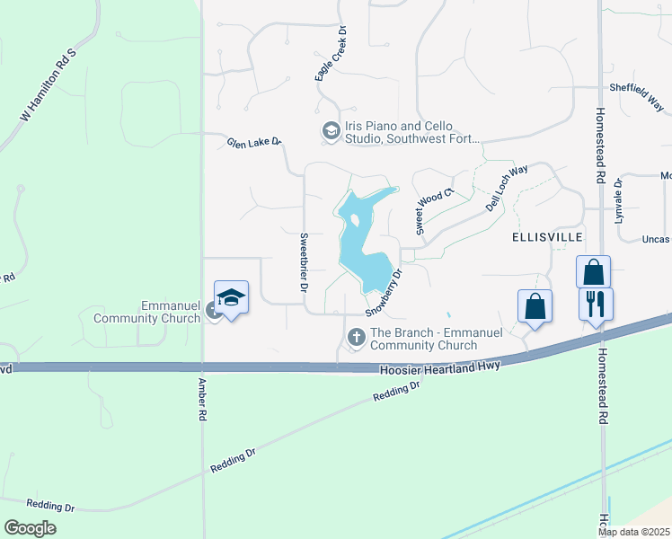map of restaurants, bars, coffee shops, grocery stores, and more near 11919 Coralberry Court in Fort Wayne