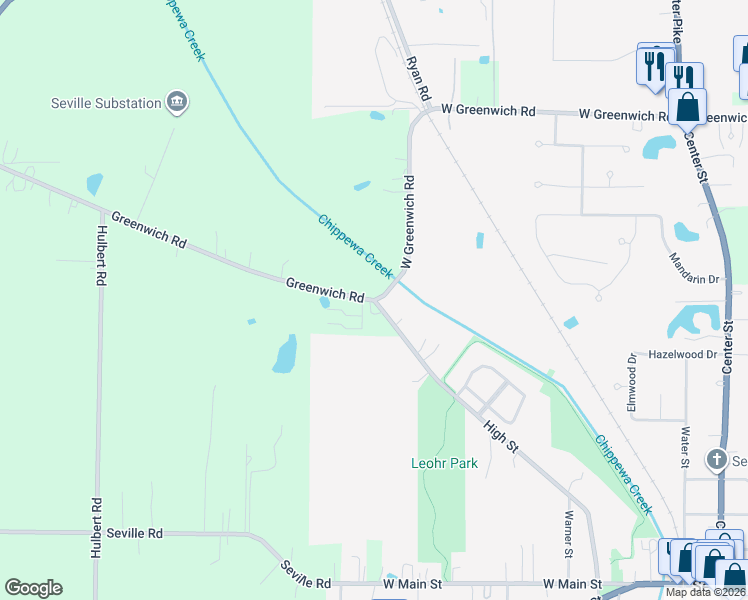 map of restaurants, bars, coffee shops, grocery stores, and more near 5169 Greenwich Road in Seville