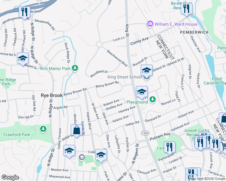 map of restaurants, bars, coffee shops, grocery stores, and more near 74 Betsy Brown Circle in Port Chester