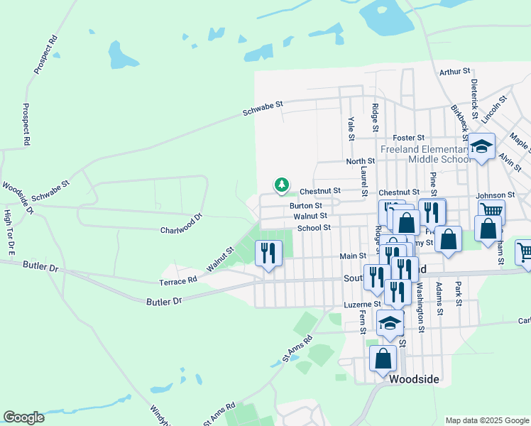 map of restaurants, bars, coffee shops, grocery stores, and more near 1229 Walnut Street in Freeland