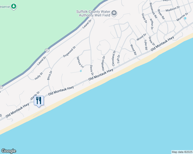 map of restaurants, bars, coffee shops, grocery stores, and more near 396 Old Montauk Hwy in Montauk