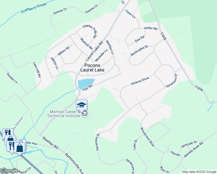 map of restaurants, bars, coffee shops, grocery stores, and more near 121 Heather Circle in East Stroudsburg
