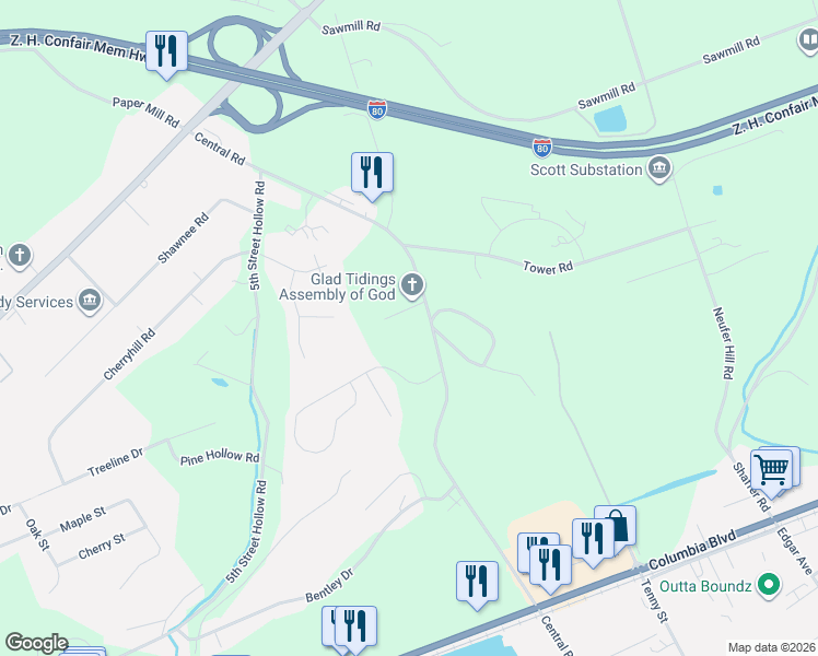 map of restaurants, bars, coffee shops, grocery stores, and more near 626 Central Road in Bloomsburg