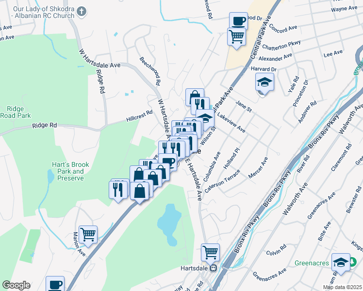 map of restaurants, bars, coffee shops, grocery stores, and more near in Hartsdale
