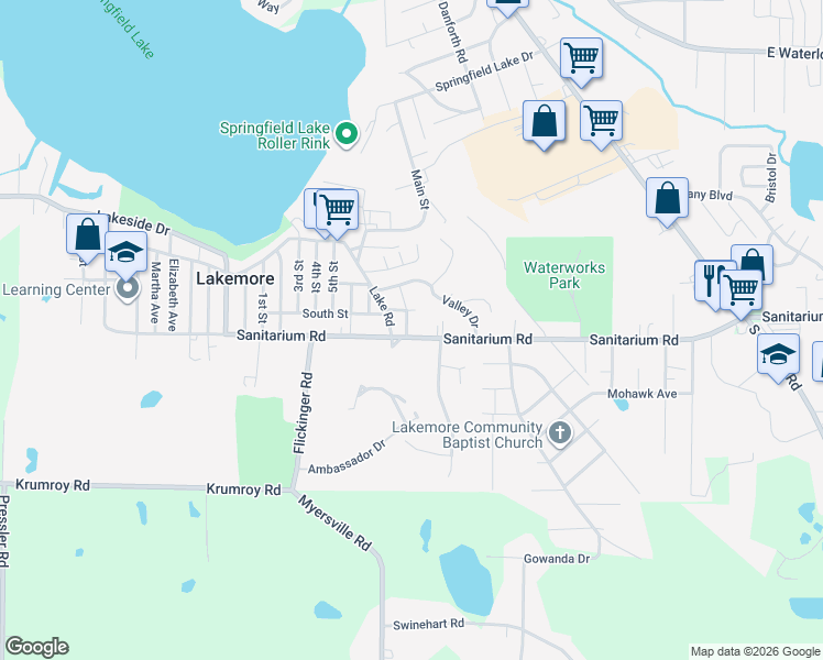 map of restaurants, bars, coffee shops, grocery stores, and more near 2645 Sanitarium Road in Akron