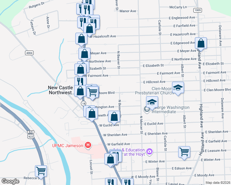 map of restaurants, bars, coffee shops, grocery stores, and more near 107 West Clen Moore Boulevard in New Castle