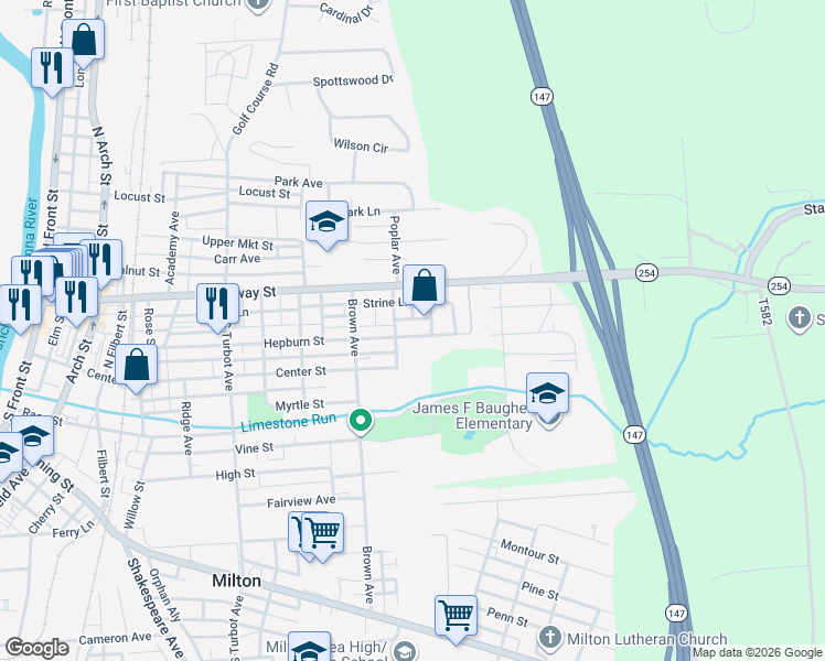map of restaurants, bars, coffee shops, grocery stores, and more near 719 Hepburn Street in Milton