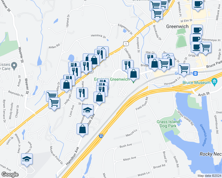 map of restaurants, bars, coffee shops, grocery stores, and more near 155 Hamilton Avenue in Greenwich