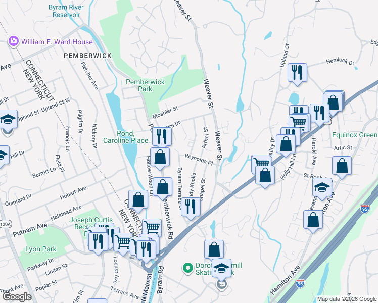map of restaurants, bars, coffee shops, grocery stores, and more near 65 Byram Terrace Drive in Greenwich