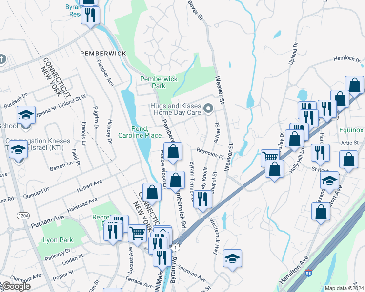 map of restaurants, bars, coffee shops, grocery stores, and more near 76 Pemberwick Road in Greenwich