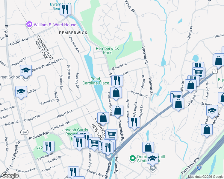 map of restaurants, bars, coffee shops, grocery stores, and more near 100 Hollow Wood Lane in Greenwich