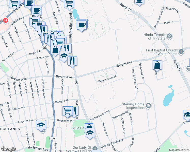 map of restaurants, bars, coffee shops, grocery stores, and more near 4 Bryant Crescent in White Plains